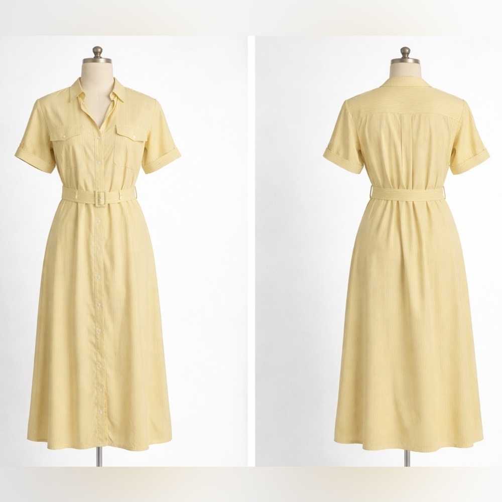 ICHI Yellow Striped Midi Shirt Dress Belted Cottagecore Spring‎ Size 38